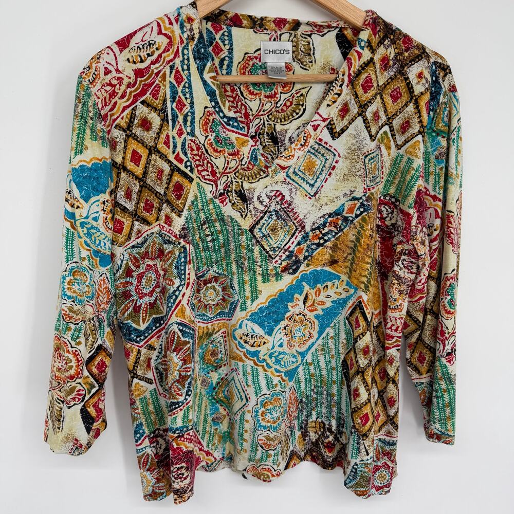 Chico's Top Women's XL Colorful Paisley Floral 3/4 Sleeve Artsy Layering‎ V-Neck